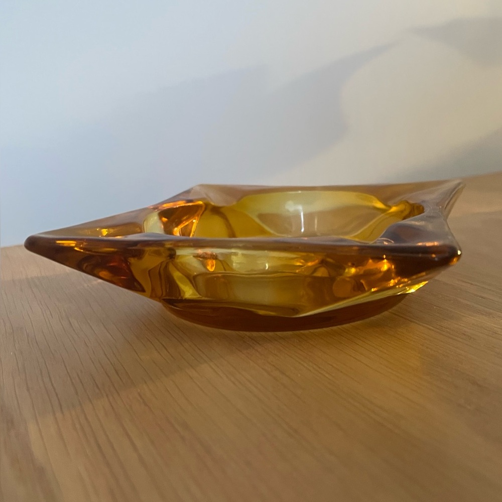 VINTAGE MCM Amber Glass Ashtray Trinket Dish - Retro Barware